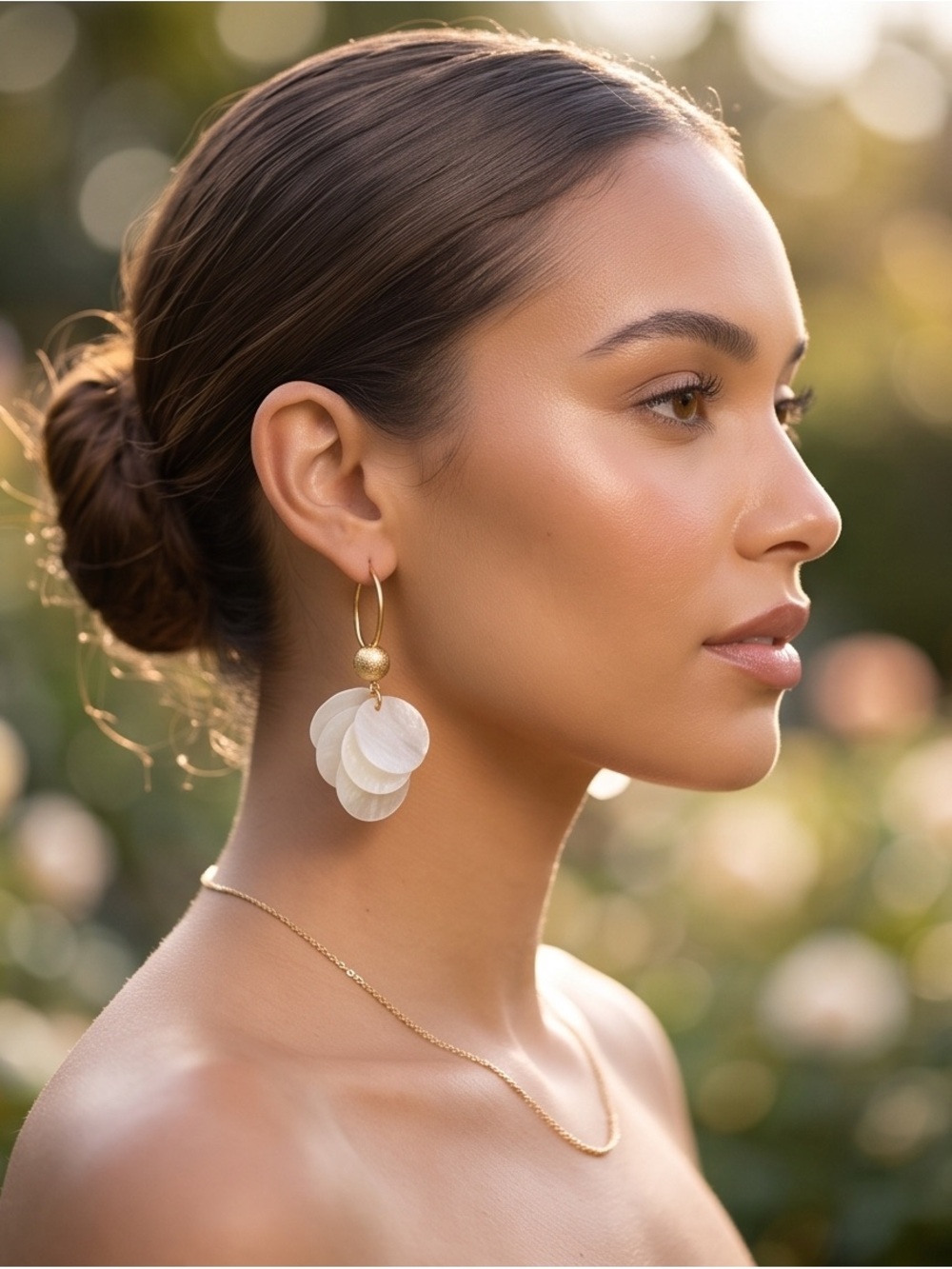 Gold Hoop Earrings with Cream Layered Disc Drops